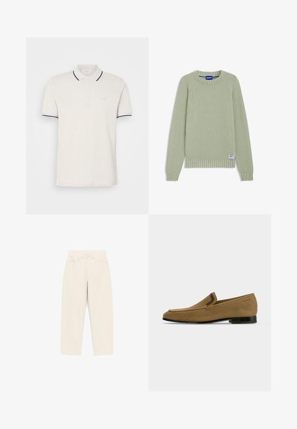 Lysegrøn sweater med ribbet tekstur, rund halsudskæring og raglanærmer. Har et lille blåt mærke nederst til venstre.; Creme polo shirt med en tre-knap lukning, korte ærmer og marineblå krave- og ærmeaksenter. Blødt bomuldsblandingsstof.; Beige bukser med høj talje og lige ben, forrest med knaplukning, bæltestropper, to forlommer og to baglommer.; Lysebrun ruskind herretrold med mørk flettet kant, flad sort sål og lav hæl, vist i siddeprofil på hvid baggrund.