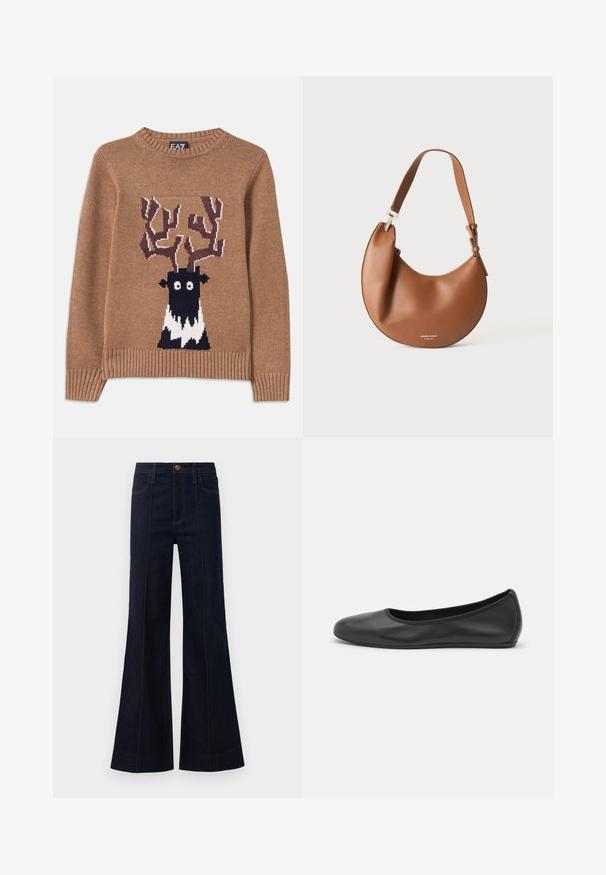 Pull en tricot marron avec un motif de renne, bordures noires et blanches, poignets et col côtelés, et texture douce.; Jean flare en denim bleu foncé avec une taille haute, des poches avant et des coutures visibles. Le tissu a une texture lisse et une forme structurée.; Ballerines en cuir noir avec un bout rond, texture lisse, détails de couture minimalistes et design de semelle flexible.; Sac d'épaule en cuir marron en forme de croissant avec une bandoulière réglable et un petit texte logo argenté en bas au centre.