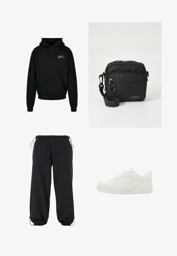 Sort hoodie lavet af fleece-materiale, med en kængurulomme, ribbede manchetter og kant, samt et frontlogo i lys blå.; Sorte sweatpants lavet af blødt stof, med en løs pasform, elastiske manchetter og snøre i taljen til justerbar størrelse.; Hvid lavtop-sneaker med tyk sål, snørebånd foran og diskrete syninger som designdetaljer på den glatte overflade.; Sort stof crossover tas med to lynlåslommer, justerbar rem og diskret logo detalje i blå på fronten.