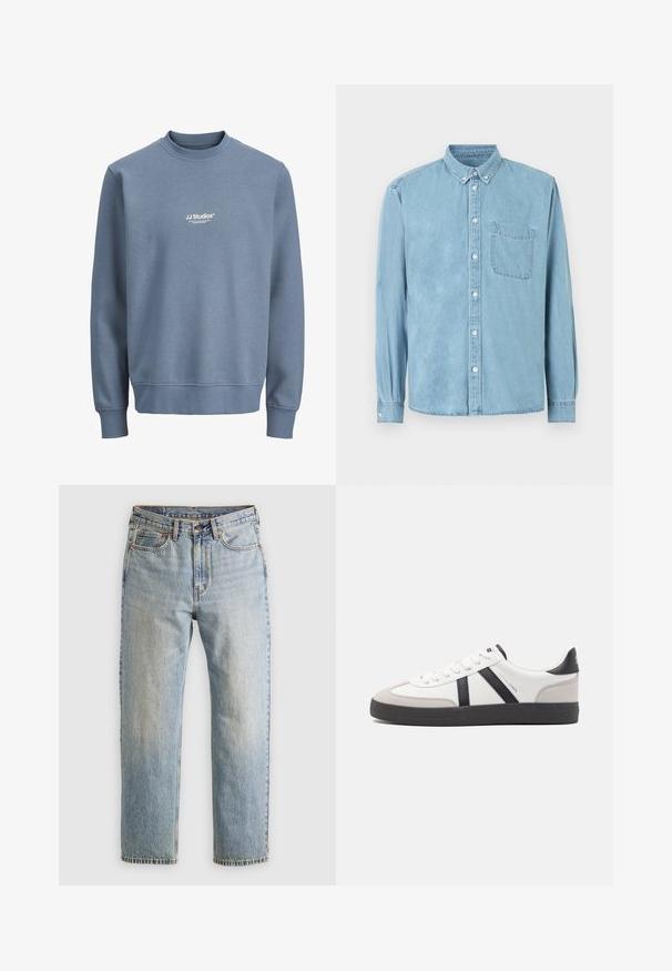 Blaues Sweatshirt mit Rundhalsausschnitt, langen Ärmeln und weißem "JJ Studios"-Logo mittig auf der Brust.; Hellblaues Denim-Langarmhemd mit Knopfkragen, Brusttasche vorne und weißen Knöpfen in der Mitte und an den Manschetten.; Helle blaue Jeans mit hoher Taille, Frontknopf, Reißverschluss und fünf Taschen-Design, flach auf einem neutralen Hintergrund ausgelegt.; Weiße Sneaker mit schwarz- und grau-aczenten, ausgestattet mit einer strukturierten grauen Zehenkappe, schwarzer Gummi-Sohle und flachen weißen Schnürsenkeln. Sauberes Design, minimalistische Stil.