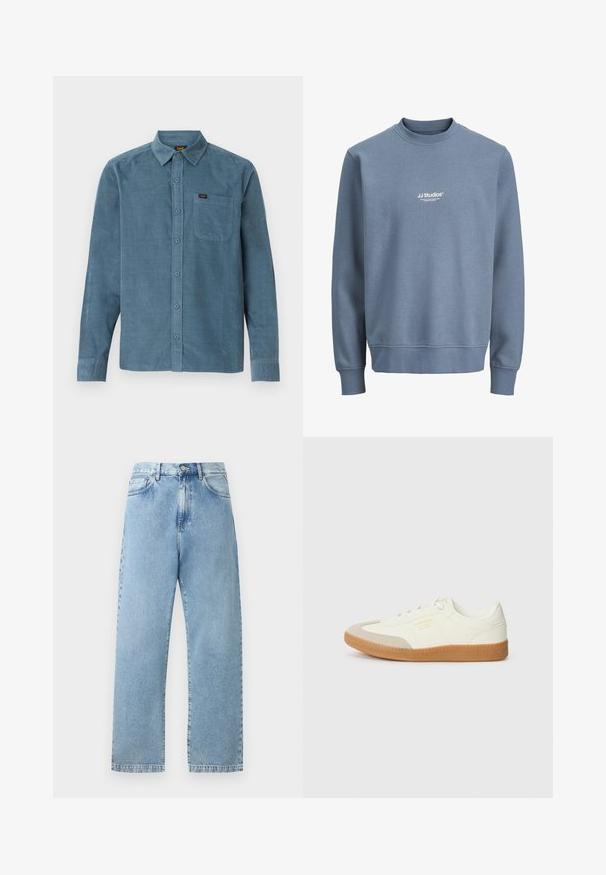 Blå crewneck-sweatshirt med lange ærmer og hvidt "JJ Studios" logo centreret på brystet.; Langærmet skjorte i blå kordfløjl med button-down krave, frontlomme og subtil branding på lommen.; Lyseblå højttaljede jeans med lige ben, forlommer, bæltestropper, knaplukning og synlige syninger på en neutral baggrund.; Sneaker lavet af hvid læder med en beige tåhætte og let brunt gummisål. Har flade hvide snørebånd og prægede branding på siden.