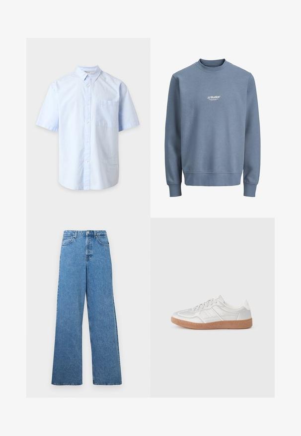 Sweat-shirt bleu à col rond avec manches longues et logo blanc "JJ Studios" centré sur la poitrine.; Chemise bleu clair à manches courtes avec col et poche poitrine, présentée sur un fond gris clair uni.; Jean en denim bleu, taille haute, jambes larges, avec bouton frontal, fermeture éclair, passants pour ceinture, et poches à l'avant et à l'arrière.; Baskets argentées avec une texture lisse, un design à lacets, des accents perforés et une semelle en caoutchouc marron texturé.
