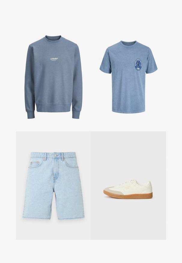Sweat-shirt bleu à col rond avec manches longues et logo blanc "JJ Studios" centré sur la poitrine.; T-shirt bleu clair à manches courtes avec un petit logo sur la poitrine représentant un surfeur et texte indiquant "Big Barrel Surfing Competition, Local Members Only.".; Short en denim bleu clair avec poches avant, passants de ceinture, bouton en métal et fermeture éclair sur un fond blanc uni.; Baskets en cuir blanc avec une coque beige et une semelle en caoutchouc marron clair. Dotées de lacets blancs plats et d'un logo embossé sur le côté.
