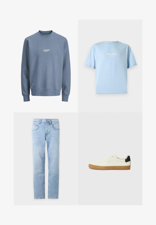 Sweat-shirt bleu à col rond avec manches longues et logo blanc "JJ Studios" centré sur la poitrine.; T-shirt bleu clair à manches courtes avec texte blanc « Pepe Jeans London » centré sur la poitrine sur fond uni.; Jean denim bleu clair à jambes droites avec poches avant, passants de ceinture et fermeture à boutons sur fond blanc.; Sneaker en toile blanche avec une semelle en gomme, accent au talon noir, bout rond et design à lacets. Présente le logo de la marque en doré sur le côté.