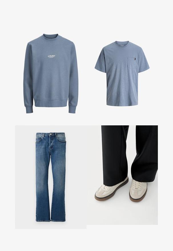 Blå crewneck-sweatshirt med lange ærmer og hvidt "JJ Studios" logo centreret på brystet.; Blå bomuld T-shirt med rund hals og korte ærmer. Har en patch-lomme på venstre bryst og en struktureret overflade.; Lyseblå denimjeans med lige ben-design, der har fem lommer, en knap-lukning og diskret falmning på stoffet.; Fødder iført beige sneakers med brune såler og sorte bukser med vide ben på hvid baggrund.