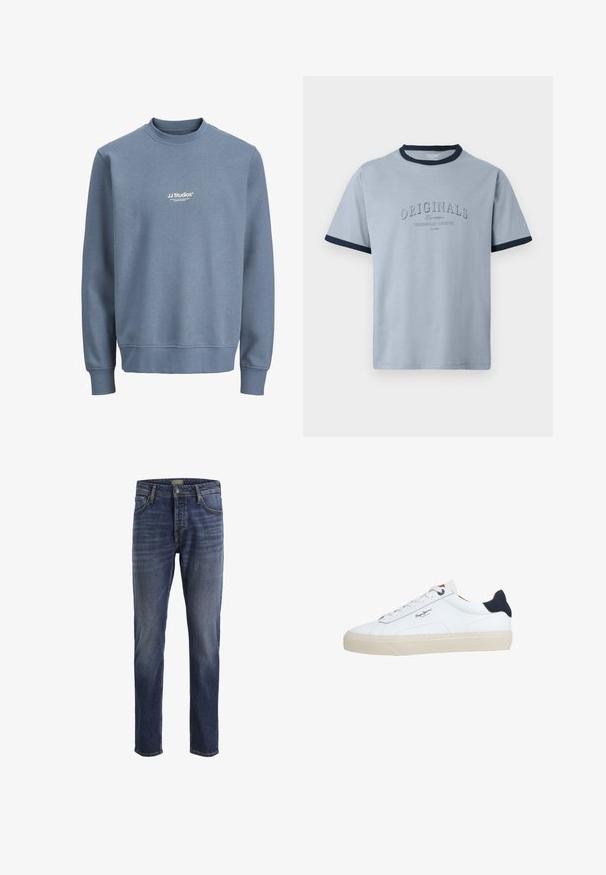 Sweat-shirt bleu à col rond avec manches longues et logo blanc "JJ Studios" centré sur la poitrine.; T-shirt en coton bleu clair avec col et manches côtelés bleu marine. Présente un texte en relief "ORIGINALS" et "CONTEMPORARY AESTHETICS" dans un design subtil.; Jean denim bleu foncé coupe droite avec bouton frontal, fermeture éclair et design classique à cinq poches.; Baskets basses blanches avec semelle beige, lacets blancs, languette de talon noire et logo "Pepe Jeans London" sur le côté.