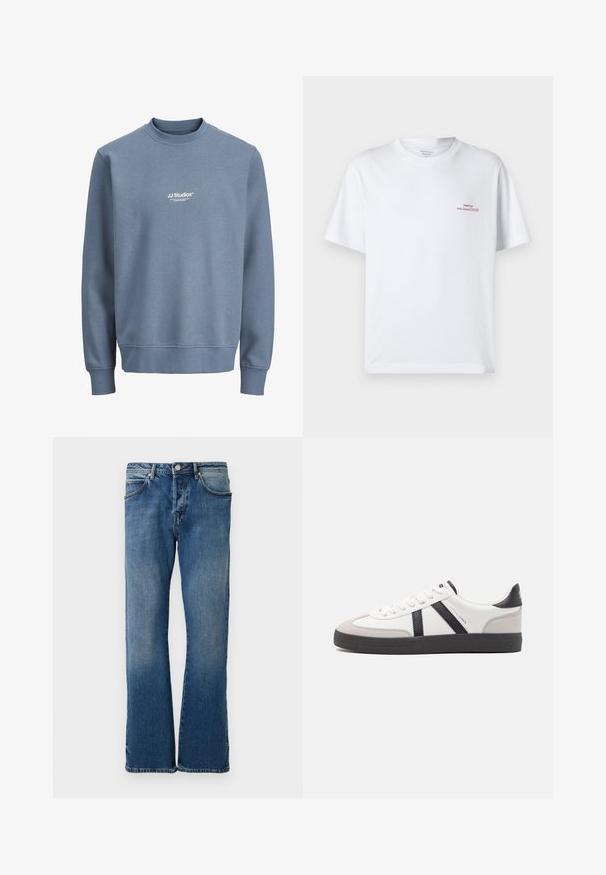 Blå crewneck-sweatshirt med lange ærmer og hvidt "JJ Studios" logo centreret på brystet.; Hvid bomuld T-shirt med korte ærmer, rund hals, der har små røde grafiske tekster på øverste venstre side. Blød tekstur og afslappet pasform.; Lyseblå denimjeans med lige ben-design, der har fem lommer, en knap-lukning og diskret falmning på stoffet.; Hvide sneakers med sorte og grå detaljer, med en tekstureret grå tåhætte, sort gummisål og flade hvide snørebånd. Rent design, minimalistisk stil.