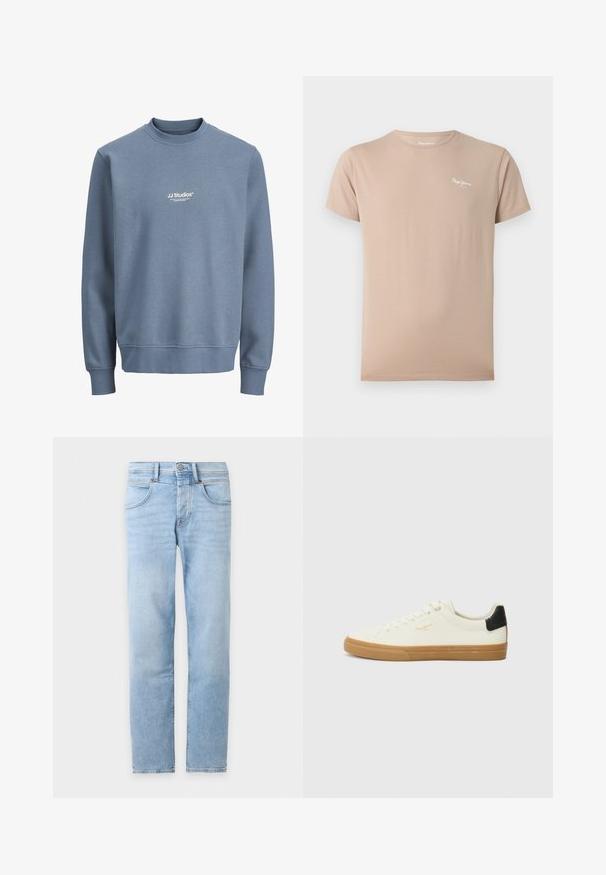 Sweat-shirt bleu à col rond avec manches longues et logo blanc "JJ Studios" centré sur la poitrine.; T-shirt beige manches courtes à col rond avec petit logo blanc « Pepe Jeans » sur la partie haute gauche de la poitrine.; Jean denim bleu clair à jambes droites avec poches avant, passants de ceinture et fermeture à boutons sur fond blanc.; Sneaker en toile blanche avec une semelle en gomme, accent au talon noir, bout rond et design à lacets. Présente le logo de la marque en doré sur le côté.