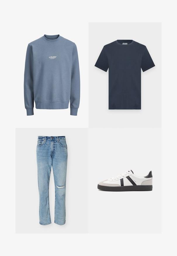 Sweat-shirt bleu à col rond avec manches longues et logo blanc "JJ Studios" centré sur la poitrine.; T-shirt bleu marine à manches courtes et col rond, coupe décontractée, présenté sur un fond gris clair.; Jean bleu clair à jambe droite avec taille haute et un patch déchiré sur le genou droit, avec des poches avant et une fermeture par bouton.; Baskets blanches avec des accents noirs et gris, présentant un embout texturé gris, une semelle en caoutchouc noir et des lacets plats blancs. Design épuré, style minimaliste.