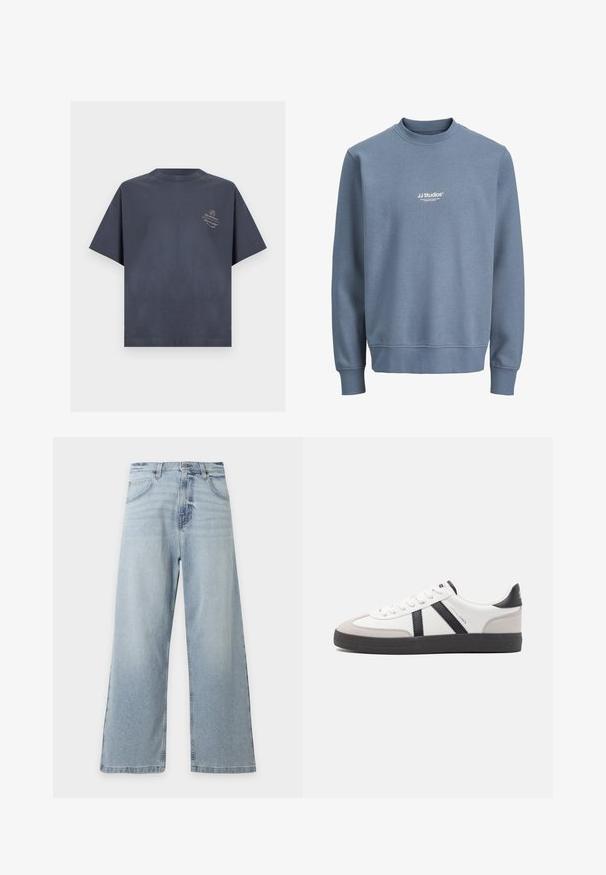 Blue crewneck sweatshirt with long sleeves and white "JJ Studios" logo centered on the chest.; Dark gray short-sleeve crew neck T-shirt with small light-colored text and a circular logo on the left chest area.; Light blue wide-leg jeans with a high waist, front button and zip, belt loops, pockets, and a slight faded pattern at the fly.; White sneaker with black and gray accents, featuring a textured gray toe cap, black rubber sole, and flat white laces. Clean design, minimalist style.