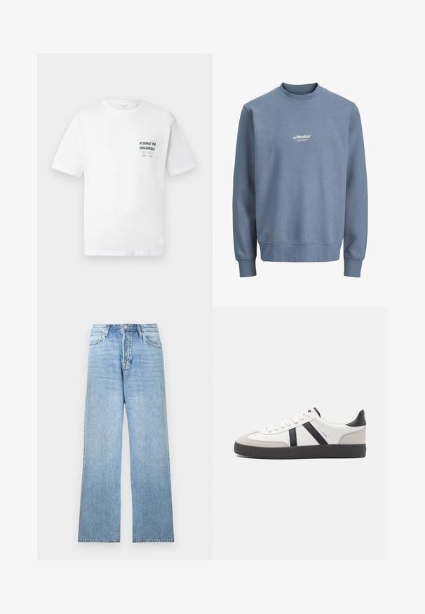 Blauw crewneck sweatshirt met lange mouwen en wit "JJ Studios" logo gecentreerd op de borst.; Witte t-shirt met korte mouwen met kleine zwarte tekst "Studio '90 Originals" en aanvullende kleinere tekst op de linkerkant van de borst.; Lichtblauwe spijkerbroek met een rechte pijp, topknoopsluiting, vijf zakken en rafelige zoom.; Witte sneaker met zwarte en grijze accenten, voorzien van een grijze neus met textuur, zwarte rubberen zool en platte witte veters. Schoon ontwerp, minimalistische stijl.