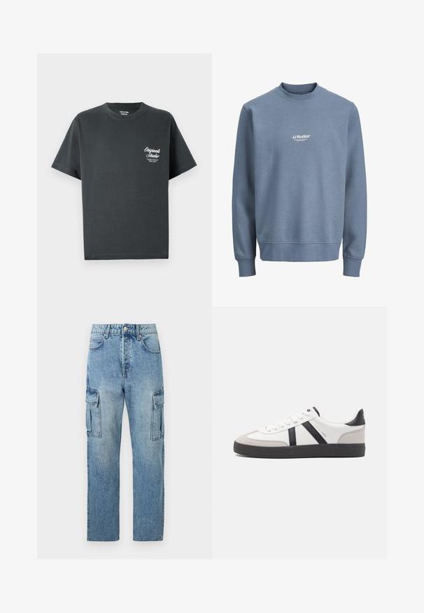Blå crewneck-sweatshirt med lange ærmer og hvidt "JJ Studios" logo centreret på brystet.; Mørkegrå bomulds t-shirt med rund hals, korte ærmer og et hvidt skriptlogo på venstre brystområde. Enkel, udekoreret design.; Lyseblå denim cargo jeans med høj talje, lynlås og knaplukning foran, lommer foran og på siderne med klap, straight fit ben.; Hvide sneakers med sorte og grå detaljer, med en tekstureret grå tåhætte, sort gummisål og flade hvide snørebånd. Rent design, minimalistisk stil.