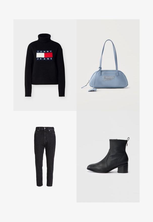 Must kampsun soonikkoega varrukatega ja kõrge kaelusega. Ees on sinise, punase ja valge värviga logo plaastriga, kus on tekst "TOMMY JEANS".; Mustad teksased kõrge vöökohaga, kitsenevad jalad ja klassikaline viie taskuga disain. Kangast tekstuur on veidi tekstureeritud ja vastupidav.; Must have mustasest kingad mustast nahast, millel on sujuv disain, ümar nina, tekstuuriga õmblused peal ja plokk-kand. Omab lukku ja tõmblukk.; Hele sinine Tommy Jeans käekott pikkade rihmadega, ümarate nurkadega ristkülikukujuline ja nähtava tõmblukuga, millel on tõmbetab.