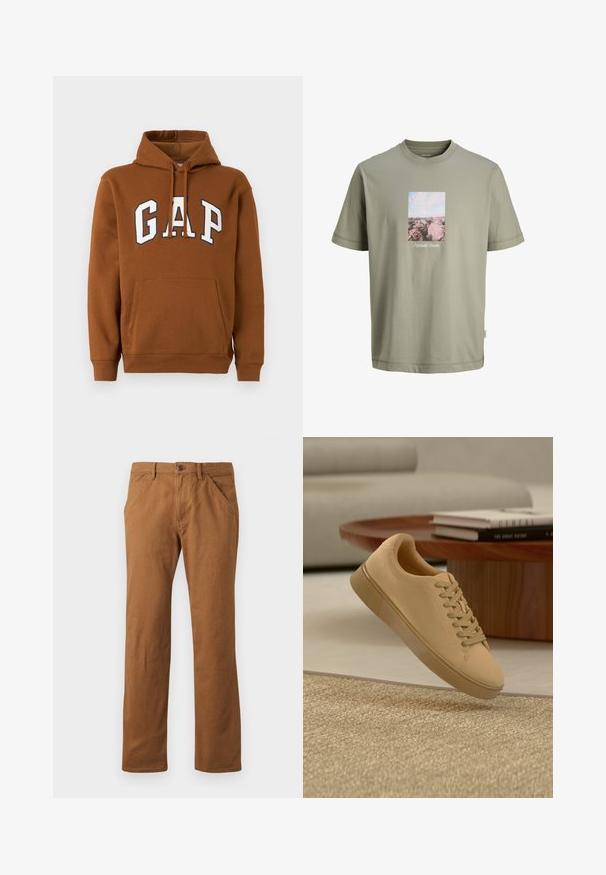 Brun hættetrøje med frontlomme og stor hvid "GAP"-logo med marineblå kant på brystet.; Lyse olivengrøn kortærmet T-shirt med et rektangulært tryk af lyserøde klipper og himmel centreret på brystet, med lille hvid tekst under trykket.; Brune bomuldsbukser med lige pasform, udstyret med knaplukning, sidelommer og en glat tekstur. Velegnet til hverdag.; Beige snørestøvler, der svæver over et tekstureret tæppe med et træ sofabord og stablede bøger i en sløret baggrund.
