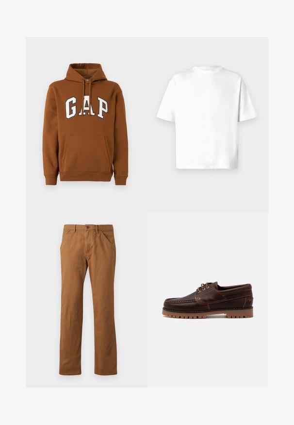 Brun hættetrøje med frontlomme og stor hvid "GAP"-logo med marineblå kant på brystet.; Hvid t-shirt med korte ærmer lavet af blød bomuld, med rund hals og en afslappet pasform uden mønstre eller grafik. Glat tekstur.; Brune bomuldsbukser med lige pasform, udstyret med knaplukning, sidelommer og en glat tekstur. Velegnet til hverdag.; Brun læder bådsko med stikninger, snørebåndsdesign og robust gummisål med bølgede mønstre for godt greb.