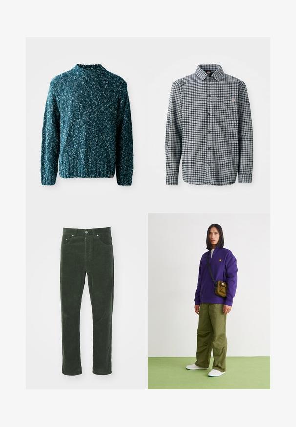 Pull en tricot teal avec un motif texturé, un col haut et un ourlet côtelé. Fabriqué dans un tissu doux avec une coupe légèrement ample.; Chemise à manches longues à carreaux noir et blanc, avec col et petite patch logo sur la poche poitrine gauche.; Pantalons en velours côtelé verts avec une coupe droite, comportant cinq poches, une fermeture à bouton en métal et une surface rayée texturée.; Jordan AIR JORDAN 1 ZM CMFT 2 - Baskets montantes - summit white/bicoastal/oxidized green