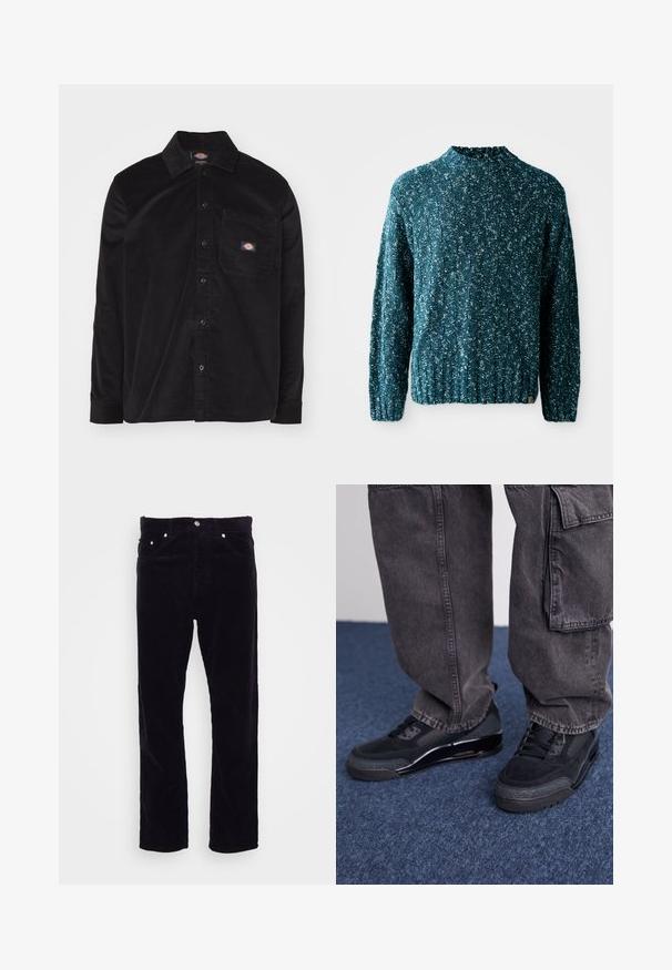 Teal strikket sweater med et struktureret mønster, høj krave og ribkant. Fremstillet af et blødt stof med en let løs pasform.; Sort corduroy skjorte med knap-ned krave, lange ærmer, forlommek og logo patch. Har et struktureret stof mønster.; Carhartt WIP NEWEL PANT - Bukser - dark navy; Sorte sportsko med en struktureret overflade, glatte detaljer og en kraftig sål, der er parret med mørke, løstsiddende cargo-bukser.