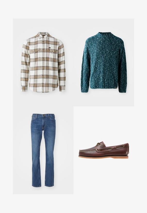 Teal gebreide trui met een textuurpatroon, hoge kraag en geribbelde zoom. Gemaakt van een zachte stof met een iets losse pasvorm.; Lee CLEAN WESTERN - Overhemd - ecru ochre plaid; Bootcut blauwe jeans van denim, met een middelhoge taille, vijf zakken en subtiele vervagingen op de benen.; Bruine leren bootschoen met witte stiksels, veterdetails en beige rubberen zool, zijaanzicht op een witte achtergrond.