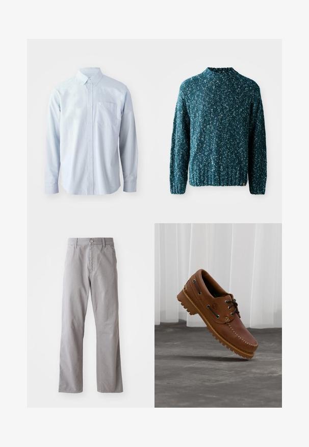 Suéter de punto en color verde azulado con un patrón texturizado, cuello alto y dobladillo acanalado. Fabricado con un tejido suave y de corte ligeramente holgado.; Camisa de manga larga azul claro fabricada en algodón. Presenta un collar con botones, botones frontales y un bolsillo en el pecho del lado izquierdo.; Pantalones de algodón grises con un diseño de pierna recta, que presentan un cierre frontal con botón y lazos para cinturón. Textura suave y detalles mínimos.; Zapato náutico de cuero marrón con cordones negros, costuras beige y una suela resistente, suspendido sobre un suelo de hormigón gris.