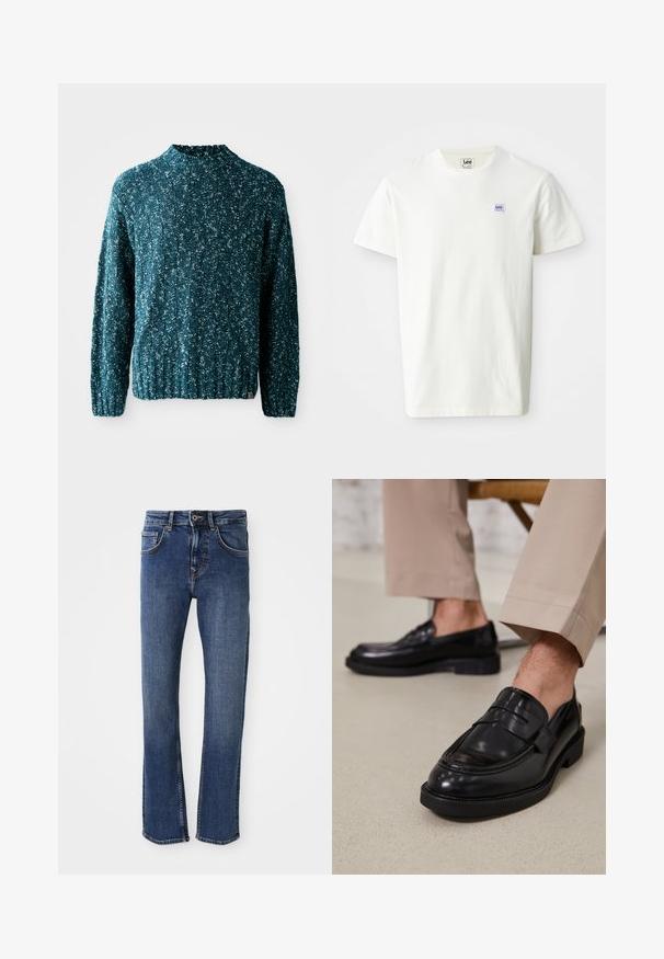 Teal strikket sweater med et struktureret mønster, høj krave og ribkant. Fremstillet af et blødt stof med en let løs pasform.; Hvid bomulds T-shirt med rund hals og korte ærmer. Viser et lille rektangulært lilla og blå Lee-logo på venstre bryst.; Lyseblå denimjeans med lige ben-design, fem-lomme stil og metalknaplukning. Har diskrete stikninger og en glat tekstur.; Sorte lædermokkasiner med en glat overflade, der har en dekorativ rem og kontraststing, parret med beige bukser.
