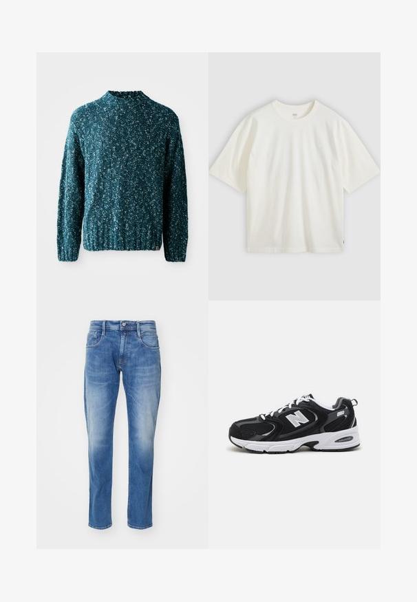 Türkisfarbener Strickpullover mit strukturiertem Muster, hohem Kragen und geripptem Saum. Hergestellt aus einem weichen Stoff mit leicht lockerer Passform.; Weißes T-Shirt mit kurzen Ärmeln aus Baumwolle. Rundhalsausschnitt, lockere Passform, dezentes Branding auf der Brust und ein rotes Etikett am Saum.; Hellblaue Jeans aus Denim mit geradem Bein, fünf Taschen, dezentem Verblassen und einem normalen Bund mit Knopfverschluss.; Schwarze und graue Sportschuhe mit Obermaterial aus Mesh und Wildleder, ausgestattet mit einer weißen Zwischensohle, Schnürsenkeln und einem markanten "N"-Logo an der Seite.