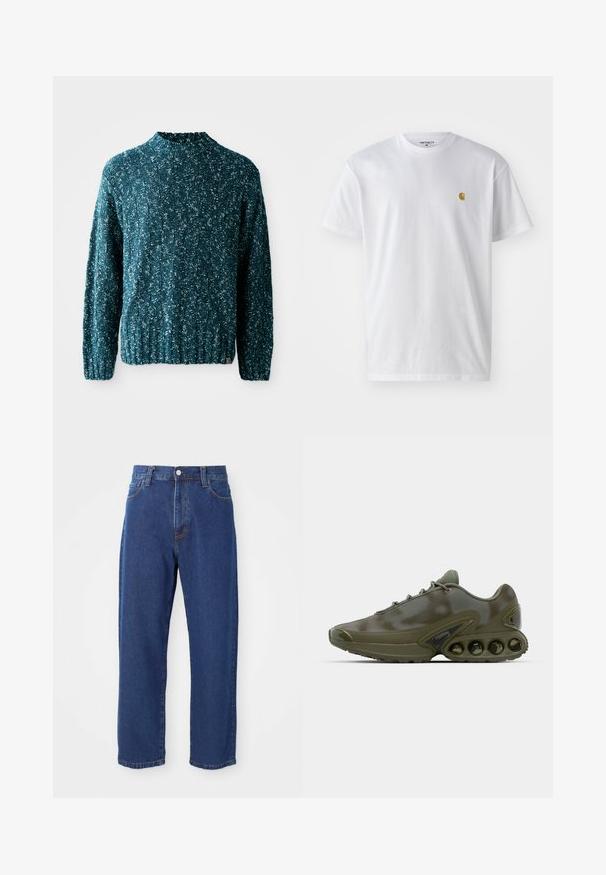 Türkisfarbener Strickpullover mit strukturiertem Muster, hohem Kragen und geripptem Saum. Hergestellt aus einem weichen Stoff mit leicht lockerer Passform.; Weißes Baumwoll-T-Shirt mit kurzen Ärmeln, Rundhalsausschnitt, mit einem kleinen goldenen Logo im linken Brustbereich. Weicher Stoff und normale Passform.; Hoch taillierte blaue Jeans aus Denim, mit geradem Bein, sichtbaren Nähten und einem Frontknopfverschluss.; Dunkelgrüner Sportschuh mit einer strukturierten Oberseite, Schnürverschluss und einer auffälligen Sohle, die sechs sichtbare Luftpolsterungseinheiten aufweist.