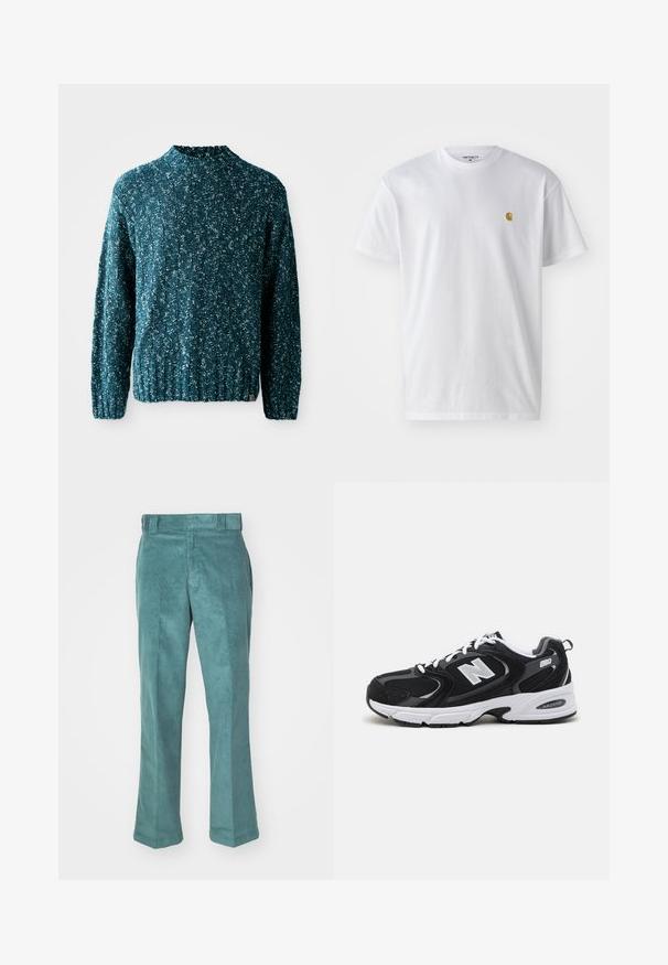 Türkisfarbener Strickpullover mit strukturiertem Muster, hohem Kragen und geripptem Saum. Hergestellt aus einem weichen Stoff mit leicht lockerer Passform.; Weißes Baumwoll-T-Shirt mit kurzen Ärmeln, Rundhalsausschnitt, mit einem kleinen goldenen Logo im linken Brustbereich. Weicher Stoff und normale Passform.; Tannengrüne Cordhosen mit geradem Bein, die eine glatte Textur, Gürtelschlaufen und Seitentaschen aufweisen. Keine sichtbaren Muster oder Beschläge.; Schwarze und graue Sportschuhe mit Obermaterial aus Mesh und Wildleder, ausgestattet mit einer weißen Zwischensohle, Schnürsenkeln und einem markanten "N"-Logo an der Seite.