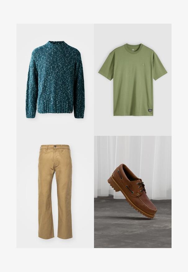 Türkisfarbener Strickpullover mit strukturiertem Muster, hohem Kragen und geripptem Saum. Hergestellt aus einem weichen Stoff mit leicht lockerer Passform.; Olivenfarbene Baumwoll-T-Shirt mit Rundhalsausschnitt und kurzen Ärmeln. Mit einem kleinen, dezenten Logo-Patch auf der Brust und einem gewebten Markenlabel am Saum.; Khakihosen aus Baumwolle. Gerader Schnitt mit einem Bund und Fronttaschen. Verfügt über eine einzelne Gesäßtasche und subtile Nähdetails.; Brauner Leder-Bootsschuh mit schwarzen Schnürsenkeln, beigen Nähten und einer robusten Sohle, schwebt über einem grauen Betonboden.