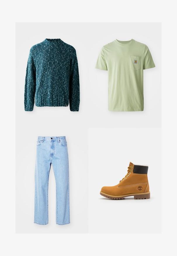 Teal strikket sweater med et struktureret mønster, høj krave og ribkant. Fremstillet af et blødt stof med en let løs pasform.; Lysegrøn kortærmet t-shirt lavet af blødt stof, med en brystlomme der har et firkantet logo-patch. Enkel, udekoreret design.; Lysblå denim jeans med lige ben, høj talje, femlommesystem og klassisk knap- og lynlås-lukning.; Brune læder ankelstøvle med metaløjer, hvid pelsforing, sort polstret krave, robust sål og præget logo på siden.
