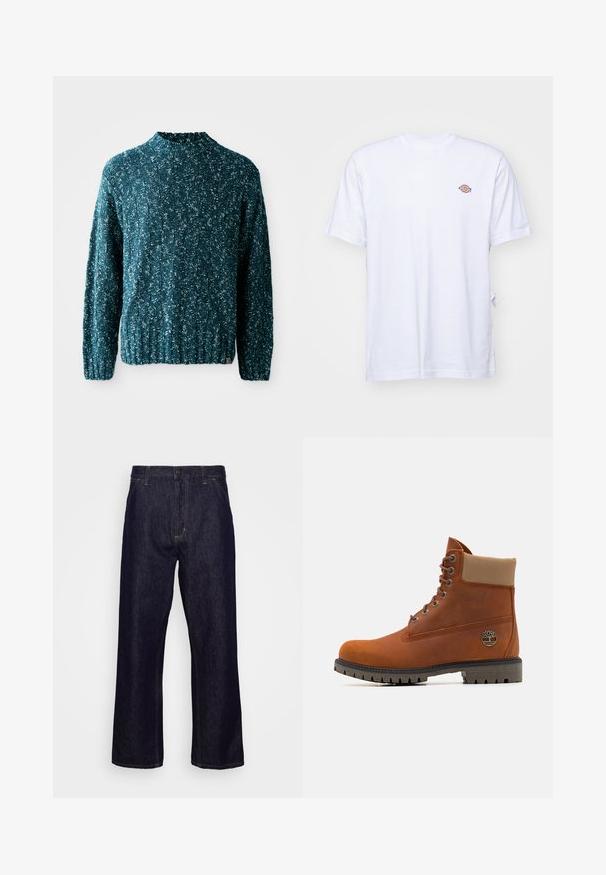 Teal strikket sweater med et struktureret mønster, høj krave og ribkant. Fremstillet af et blødt stof med en let løs pasform.; Hvid bomulds t-shirt med v-hals og korte ærmer. Har et lille farverigt broderet logo på venstre bryst. Blød tekstur.; Mørkeblå lige ben denim jeans med forlommer, bæltestropper, lynlås og knaplukning, præsenteret foran en simpel hvid baggrund.; Timberland Snørestøvletter - medium orange