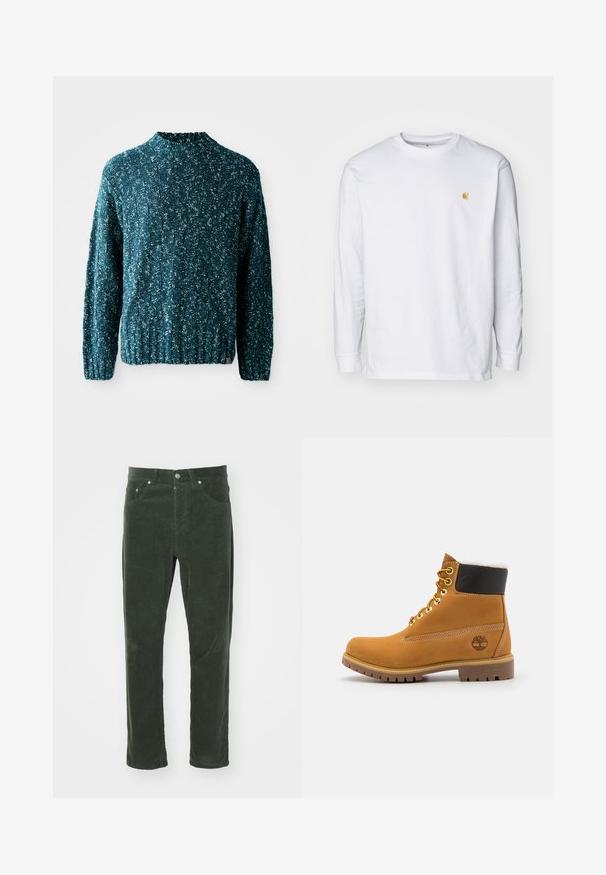 Teal strikket sweater med et struktureret mønster, høj krave og ribkant. Fremstillet af et blødt stof med en let løs pasform.; Hvid langærmet t-shirt lavet af bomuld. Har et lille gyldent logo på brystet og en rund halsudskæring. Enkel design og standard pasform.; Grønne fløjlsbukser med lige ben-design, som har fem lommer, metal knaplukning og tekstureret ribbet overflade.; Brune læder ankelstøvle med metaløjer, hvid pelsforing, sort polstret krave, robust sål og præget logo på siden.