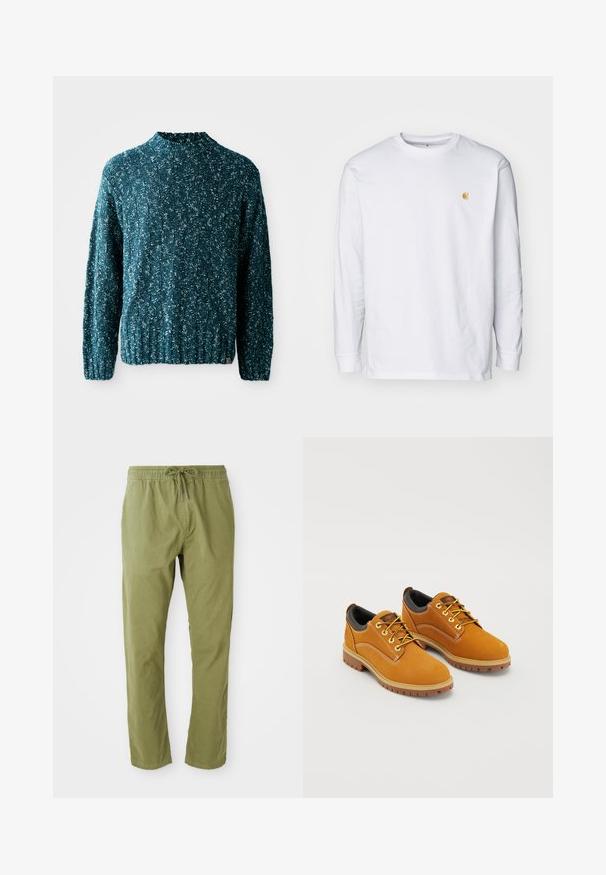 Suéter de punto en color verde azulado con un patrón texturizado, cuello alto y dobladillo acanalado. Fabricado con un tejido suave y de corte ligeramente holgado.; Camiseta de manga larga blanca de algodón. Cuenta con un pequeño logo dorado en el pecho y un cuello redondo. Diseño simple y corte estándar.; Pantalones de corte relajado en verde oliva con cinturilla elástica y cordón. Confeccionados en una tela suave con una textura lisa y perneras rectas.; Zapatos de ante marrón con punta redonda, cordones amarillos, un collar acolchado negro y suelas de goma con surcos de tracción.