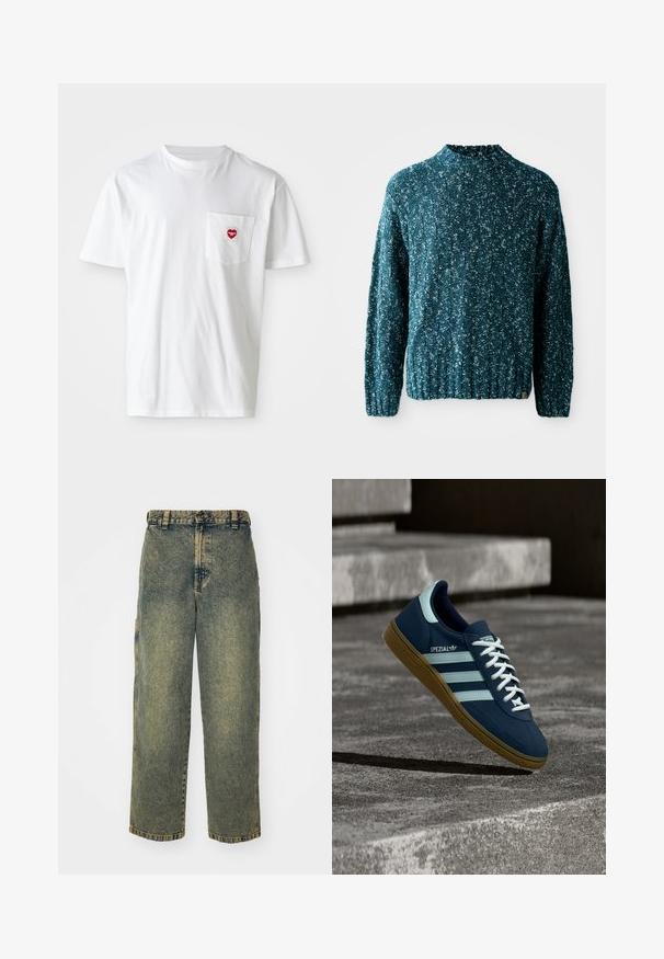 Teal strikket sweater med et struktureret mønster, høj krave og ribkant. Fremstillet af et blødt stof med en let løs pasform.; Hvid bomulds T-shirt med rund halsudskæring og korte ærmer. Har et lille rødt hjerte-logo på venstre brystlomme.; Slidse denim jeans i en falmet blå og grøn vask. Har en knaplukning, bælteløkker og sidelommer. Flad front og lige ben-design.; Blå Adidas Spezial sneaker med hvide striber og snørebånd, gummisål, svævende over en ru betongoverflade og trin i baggrunden.