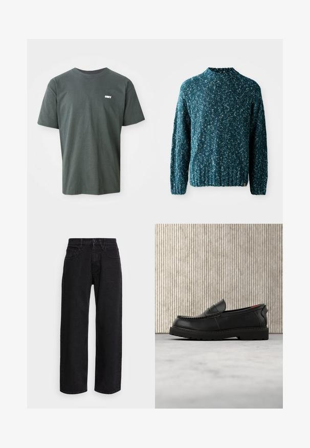 Teal strikket sweater med et struktureret mønster, høj krave og ribkant. Fremstillet af et blødt stof med en let løs pasform.; Mørkegrøn bomulds t-shirt med korte ærmer, rund hals, der har et lille hvidt "OBEY" logo på venstre brystområde.; Sorte denim bukser med bred benlængde og høj talje, der har fem lommer og knaplukning. Stoffet har en glat tekstur og let stræk.; Sort læderloafer med robust sål og rødt indvendigt for, placeret i luften over beige tæppe og nær træmøbler.