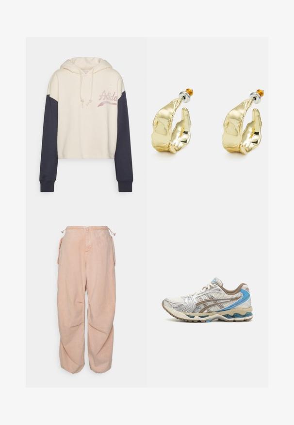 Sudadera corta en crema con mangas azul oscuro. Presenta cordones, logotipo bordado y una tela suave y texturizada.; BDG Urban Outfitters BAGGY CARGO - Vaqueros boyfriend - acid pink; Zapatilla de running blanca y beige con detalles azules, parte superior de malla, suela acolchada y diseño con cordones, mostrada desde el lado exterior.; Pendientes en tono dorado con forma de manos abstractas, que presentan una superficie brillante, detalles intrincados y un poste de plata y oro para un ajuste seguro.