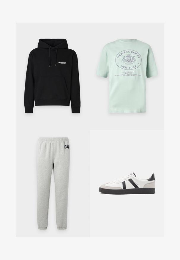 Sudadera de algodón negra con bolsillo canguro frontal, capucha con cordón y un pequeño logo blanco en el pecho. Puños y dobladillo de canalé.; Camiseta de algodón de color verde menta con mangas cortas. Presenta un logotipo circular en texto púrpura más oscuro, que detalla "New Era Cap Co" y "Nueva York".; Pantalones de chándal grises con cinturilla elástica, tobillos acampanados y un logo de "GAP" en navy en el muslo superior izquierdo. Tejido suave de mezcla de algodón.; Zapatilla blanca con acentos en negro y gris, que presenta una puntera texturizada en gris, suela de goma negra y cordones planos blancos. Diseño limpio, estilo minimalista.