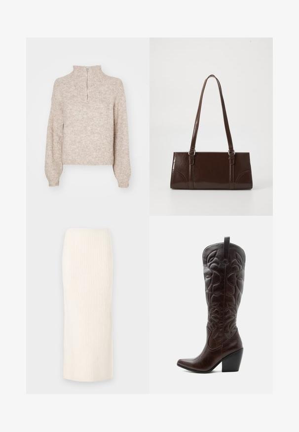 Beige strikket sweater med høj hals og halvmund. Har lange, let puffede ærmer og ribkant. Tekstureret, blødt materiale.; Knælang creme striknederdel med ribbet tekstur, der har et tætsiddende design og en elastisk talje for komfort.; Høj mørkebrun læder cowboystøvle med syede dekorative mønstre, spids tå og stablet blokhæle.; Brun lakeret håndtaske med rektangulær form, to lange håndtag og subtile buede detaljer på fronten.
