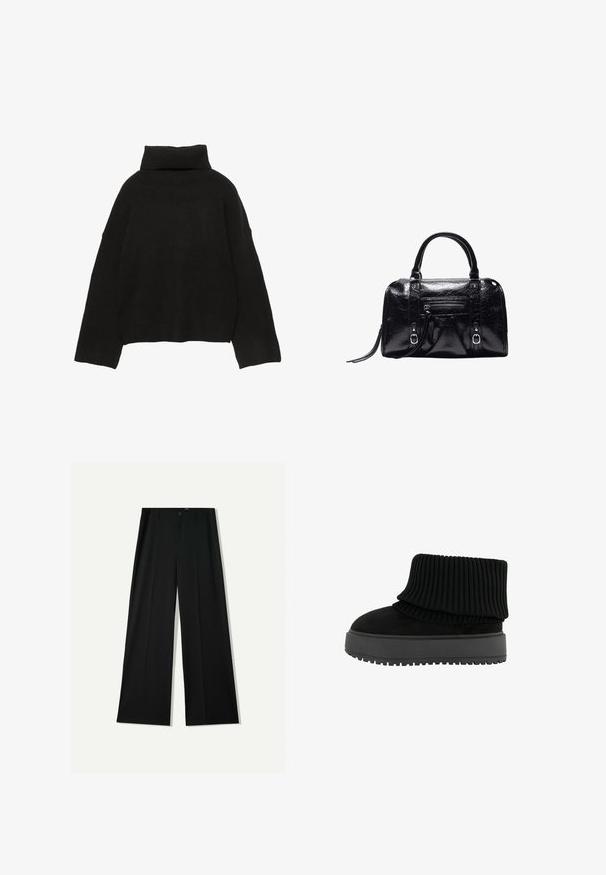 Sort strikket sweater med en høj, ribstrikket rullekrave og sænkede skuldre. Har en afslappet, firkantet pasform samt ribstrikkede manchetter og kant.; Bershka WIDE - Bukser - black; Sort ankelstøvle med en ribbet strikket krave og en flad, tekstureret sål. Fremstillet af en kombination af ruskind og elastiske materialer.; Sort skinnende læderhåndtaske med to håndtag, lomme med lynlås foran, spænde detaljer og et håndledsrem på hvid baggrund.