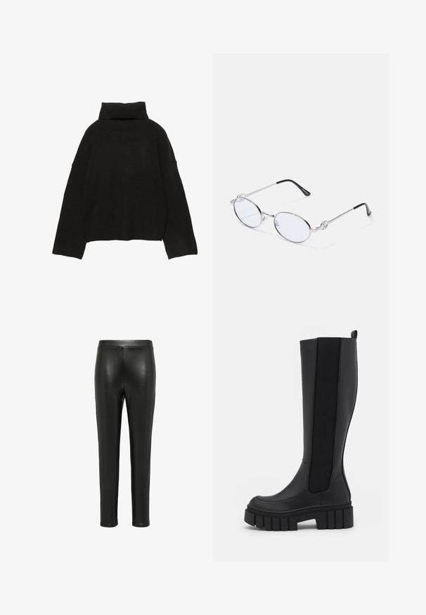 Schwarzer, gestrickter Pullover mit hohem, geripptem Rollkragen und abfallenden Schultern. Verfügt über eine lockere, kastige Passform sowie gerippte Bündchen und Saum.; Schwarze Lederleggings mit einer taillierten Passform, glatter Textur und hoher Taille. Die Beine verjüngen sich bis zur Knöchellänge, ohne sichtbare Hardware.; Schwarze knielange Stiefel aus glattem synthetischen Material mit elastischen Seitenpanels, einer dicken strukturierten Sohle und einer runden Zehenform.; Silberne ovale Metallbrillen mit klaren Gläsern, die dekorative seitliche Akzente und schwarze Tips an den Bügeln für zusätzlichen Halt und Komfort aufweisen.