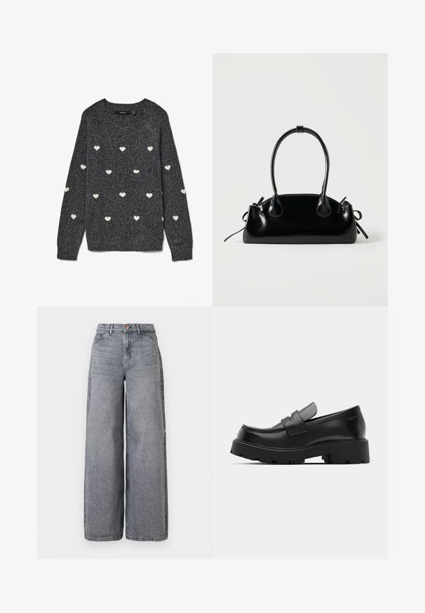 Grå sweater med rund halsudskæring og lange ærmer, prydet med et gentaget mønster af små hvide hjerter over det hele. Blødt tekstureret stof.; Bredde ben denim jeans i en falmet grå vask, med fem lommer, en knaplukning og en blød tekstur med subtile fældningsdetaljer.; Sorte læder loafers med en chunky tekstureret sål, der har en rem over vamps og en glat, poleret finish.; Lille sort blank håndtaske med to lange håndtag og snøre-detaljer i siden på en ensfarvet lys baggrund.