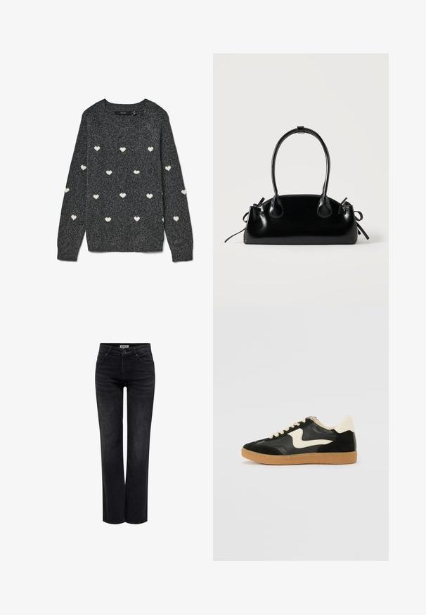 Grå sweater med rund halsudskæring og lange ærmer, prydet med et gentaget mønster af små hvide hjerter over det hele. Blødt tekstureret stof.; ONLY BLUSH MID STRAIGHT NOOS - Jeans Straight Leg - washed black; Sorte ruskinds- og lædersneakers med en cremefarvet side-swoosh og lys cremefarvet hæl. Har beige snørebånd og en gummirubber-sål.; Lille sort blank håndtaske med to lange håndtag og snøre-detaljer i siden på en ensfarvet lys baggrund.