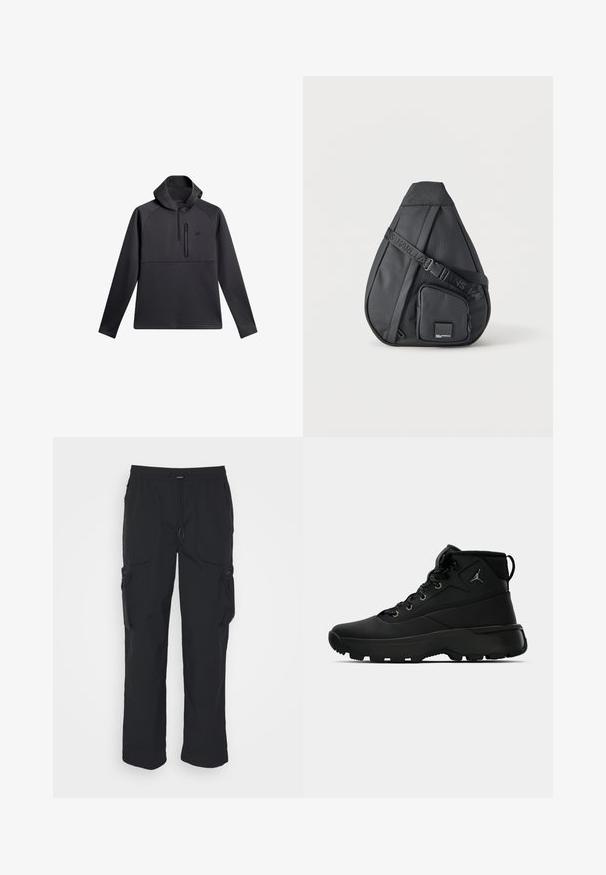 Schwarzer Pullover mit Kapuze, ausgestattet mit einem Viertel-Reißverschluss auf der Vorderseite, Raglanärmeln und einer mit Reißverschluss versehenen Brusttasche; glatte Textur und sportliches Design.; Schwarze Cargo-Hosen aus gewebtem Stoff. Mit verstellbarem Bund, Seitentaschen und zwei Utility-Taschen mit Reißverschlüssen.; Schwarze hochgeschnittene Sportschuhe mit einer strukturierten Synthetik-Oberfläche, ausgestattet mit Metallösen, schwarzen Schnürsenkeln und einer Gummisohle mit Traktionsmustern.; Schwarze Crosbody-Tasche in Tropfenform mit verstellbarem Riemen und vorderer Reißverschlusstasche mit kleinem Markenlogo-Patch.