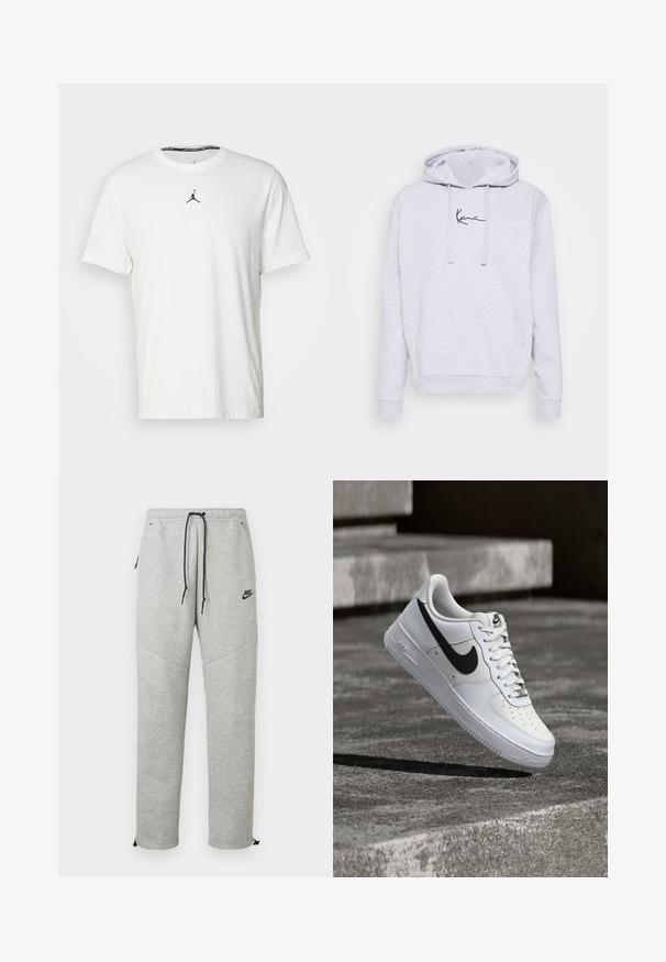 Lichtgrijze hoodie gemaakt van een zachte katoenmix, met een kangoeroezak en een zwart geborduurd logo op de borst. Verstelbare capuchon met trekkoord.; Witte T-shirt met korte mouwen van katoen, met een zwart Jumpman-logo op de borst en een ronde halslijn met een zwarte binnenlabel.; Grijze Nike trainingsbroek met een verstelbare tailleband, zijzakken en elastische boorden. Heeft een soepele textuur en contrasterende zwarte logo-details.; Witte Nike Air Force 1 sneaker met zwarte swoosh, veters gestrikt, zwevend in de lucht boven een gestructureerd betonnen oppervlak buiten.
