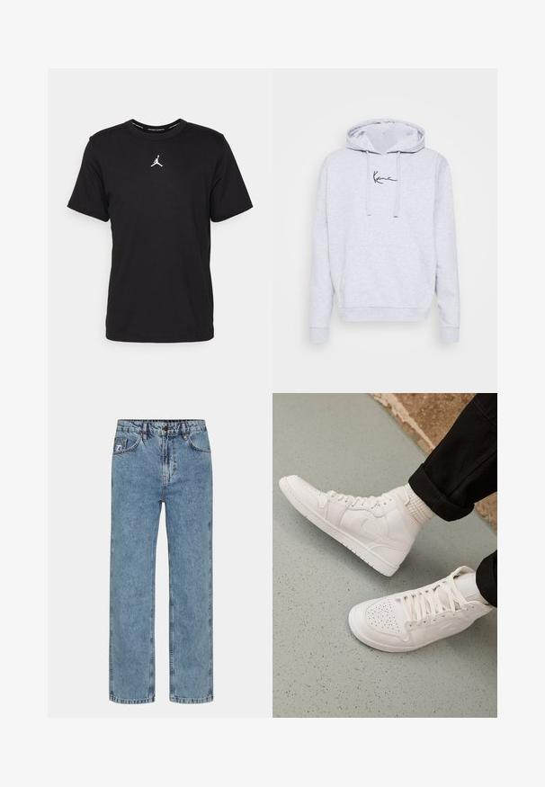 Lys grå hættetrøje lavet af blød bomuldsblanding, med en kengurulomme og sort logo broderi på brystet. Justerbar snøre i hætten.; Sort bomulds t-shirt med korte ærmer, rund hals, med et hvidt Jumpman-logo på brystet og en glat, let tekstur.; Lyseblå lige ben jeans i denimstof med knaplukning, fem lommer og kontrastsyning.; Hvide høj-top sneakers lavet af glat læder med perforeret tå, snørelukning og subtil logo detaljer på siden. Tekstureret gummisål.