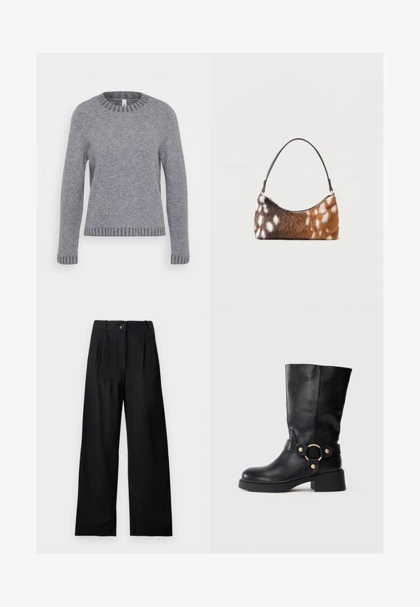 ONLY Tall ONLFINA O NECK - Neule - medium grey melange/dark grey melange; Musta korkeavyötäröiset leveälahkeiset housut, joissa edessä laskokset, nappikiinnitys ja vyölenkit, esitetty yksinkertaisella vaalealla taustalla.; Mustat nahkasaappaat, joissa on paksu korko ja koristeellinen hihna, jossa on kultainen pyöreä solki, valkoista taustaa vasten.; Olkalaukku, jossa on ruskeavalkoista täplikkäätä tekoturkkia ja ohut musta hihna, esitetty valkoisella taustalla.