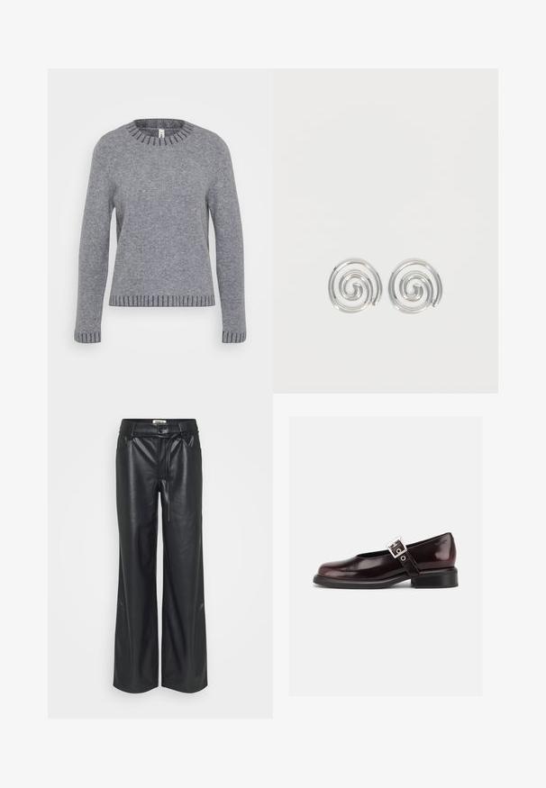 ONLY Tall ONLFINA O NECK - Πουλόβερ - medium grey melange/dark grey melange; Μαύρο ψεύτικο δερμάτινο παντελόνι φαρδιάς γραμμής με ψηλή μέση, που διαθέτει λεπτομέρεια με ζωνάκι στη μέση και τσέπες και στις δύο πλευρές. Λείος υφασμάτινος χαρακτήρας.; Μονή γυαλιστερή σκούρα μπορντό Mary Jane παπούτσι με φαρδιά λουρίδα και ασημένια αγκράφα, χαμηλό τακούνι block και στρογγυλεμένη μύτη σε λευκό φόντο.; Ζεύγος ασημένια σκουλαρίκια με σπιράλ και λείο, στρογγυλεμένο σχέδιο σε απλό λευκό φόντο.