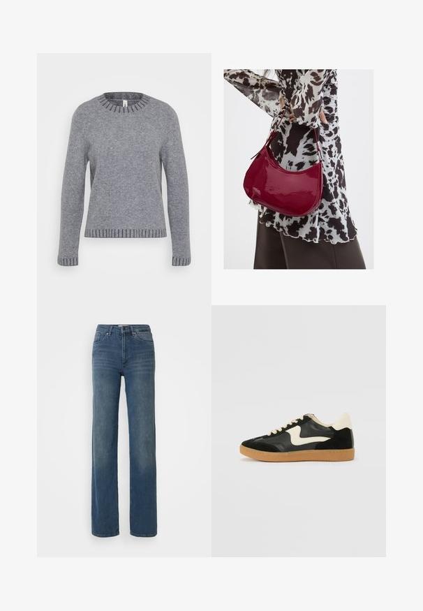 ONLY Tall ONLFINA O NECK - Jersey de punto - medium grey melange/dark grey melange; Jeans rectos de cintura alta en azul, con bolsillos frontales, pasadores para cinturón, cierre de botón y cremallera. Detalles ligeramente deslavados en los muslos.; Zapatillas de deporte de ante y cuero negro con un swoosh lateral en crema y un talón en crema claro. Presenta cordones beige y una suela de goma marrón.; Mujer con blusa de estampado en blanco y negro sosteniendo un bolso de hombro rojo brillante sobre un fondo liso.