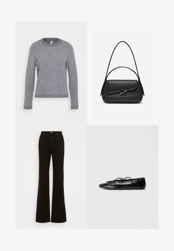 ONLY Tall ONLFINA O NECK - Pullover - medium grey melange/dark grey melange; Jean évasé noir taille haute en denim, avec une fermeture à bouton, des poches latérales et une texture lisse.; Bottine plate noire à bout pointu avec un laçage à l'avant et des œillets le long des bords, présentée sur un fond blanc.; Sac à main en cuir noir avec bords arrondis, rabat asymétrique, fermoir circulaire en métal, et des bandoulières courtes et longues.
