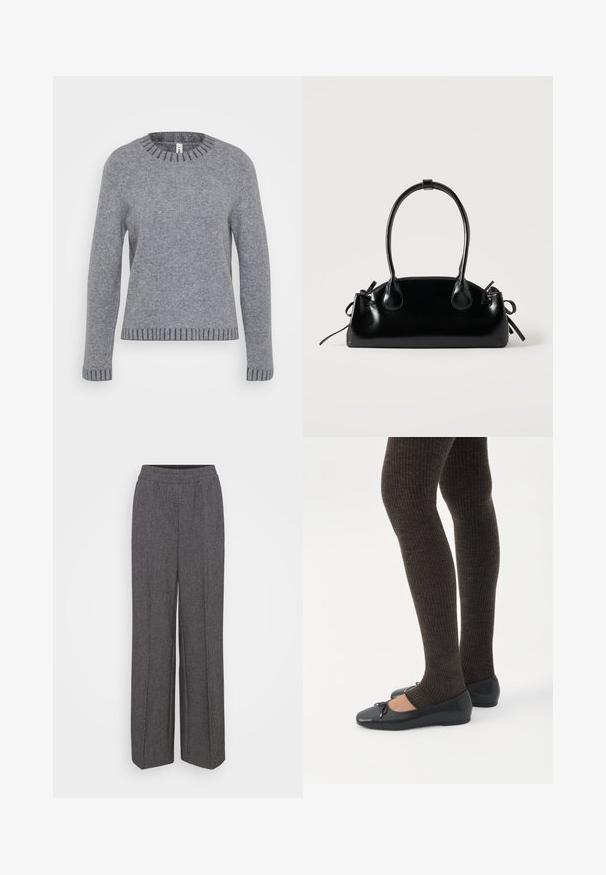 ONLY Tall ONLFINA O NECK - Džemper - medium grey melange/dark grey melange; Hallid hallid laiad püksid elastse vöökohtaga, millel on tekstuuriga kangas ja peen muster. Ilma taskute või nähtavate sulguriteta.; Jalad seljas tumedad soonelises soonelises kombines mustade baleriinadega, millel on väikesed paelade detailid valgel taustal.; Väike must läikiv käekott kahe pika sangaga ja külgedel paelakinnitustega, ühel lihtsal helel taustal.