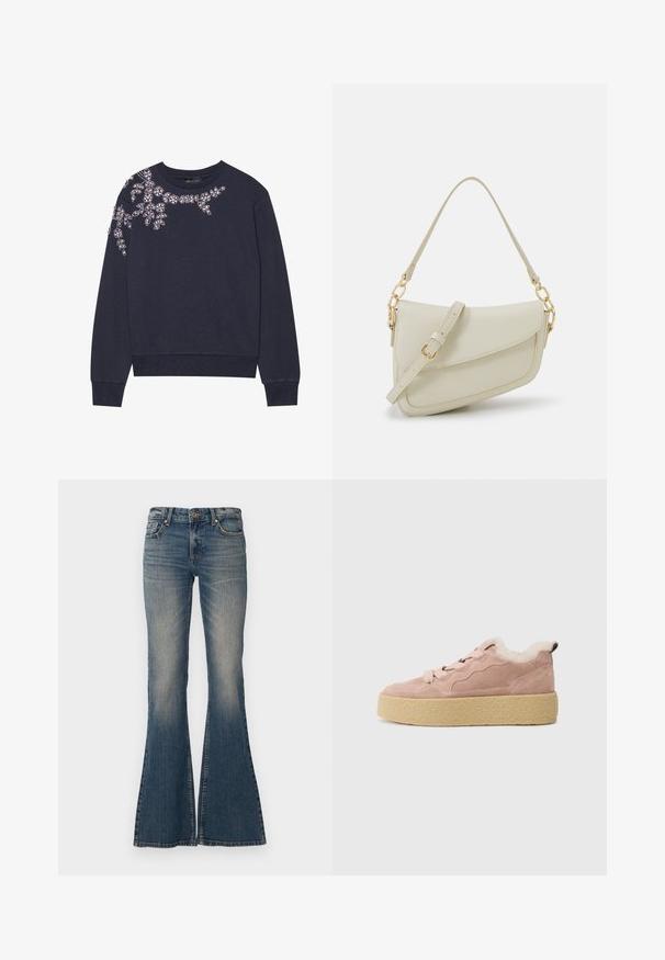 Sweatshirt bleu marine en mélange de coton avec un design floral en strass sur l'épaule gauche. Poignets et ourlet côtelés avec un col rond.; Jean bleus évasés en denim, avec une fermeture à bouton, un design à cinq poches et une finition délavée, dotés d'une large ouverture de jambe.; Kennel + Schmenger BAZAR - Baskets basses - old rose/natur; Petit sac à main crème avec une finition texturée, une longue sangle réglable, un accent en chaîne et une fermeture à rabat. Détails en matériel doré.